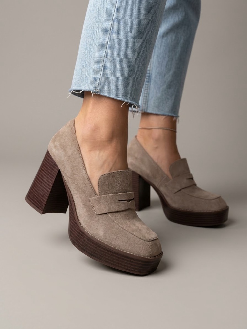 Ophelia Roe Rachel Platform Loafer Heels in Taupe US 9
